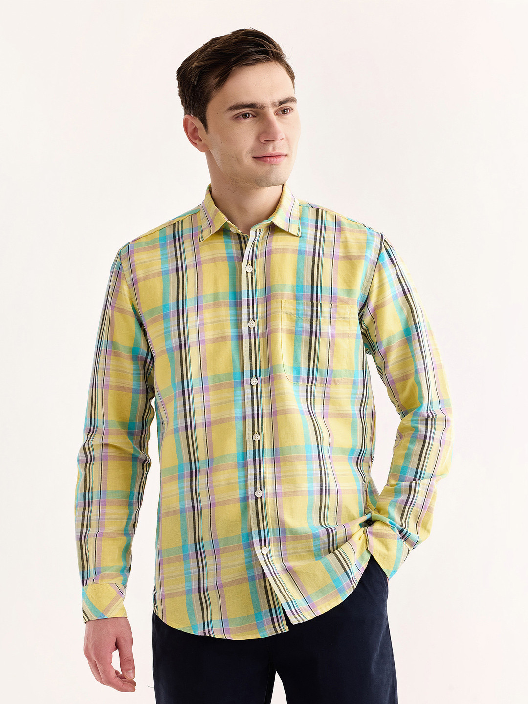 Red Flame Tartan Checks Spread Collar Cotton Linen Casual Shirt