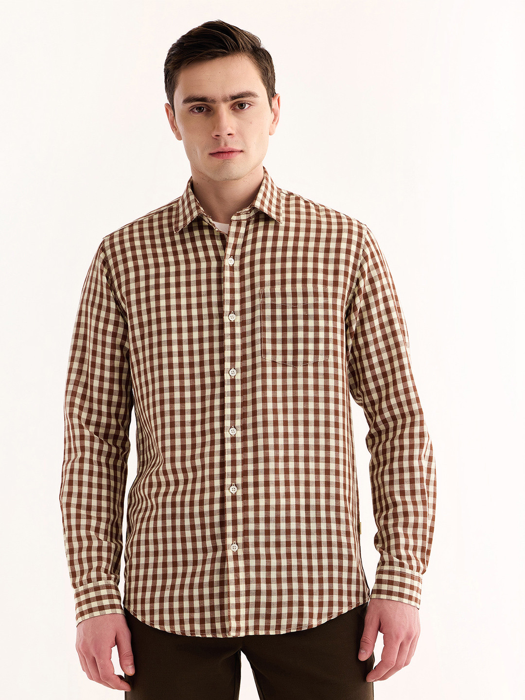 Red Flame Gingham Checked Spread Collar Cotton Linen Casual Shirt
