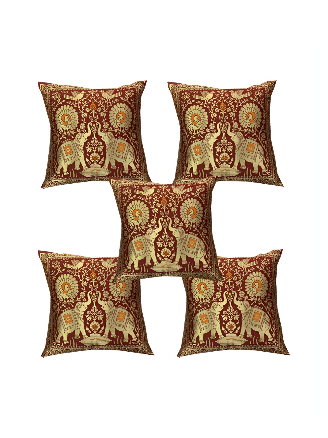 Pink Parrot Maroon & Gold Toned 5 Pieces Ethnic Motifs Square Cushion Covers