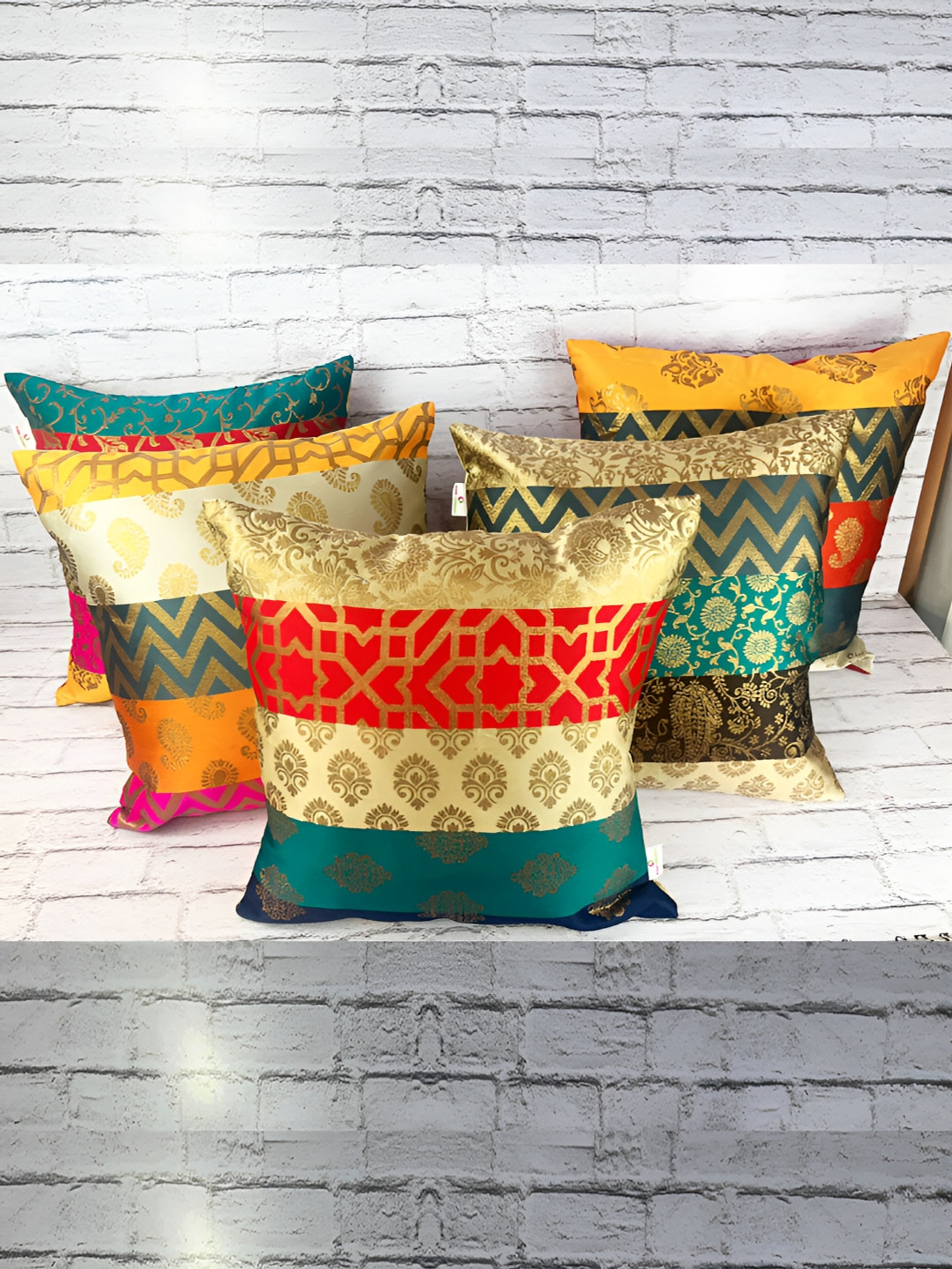 Pink Parrot Green & Red 5 Pieces Ethnic Motifs Square Cushion Covers