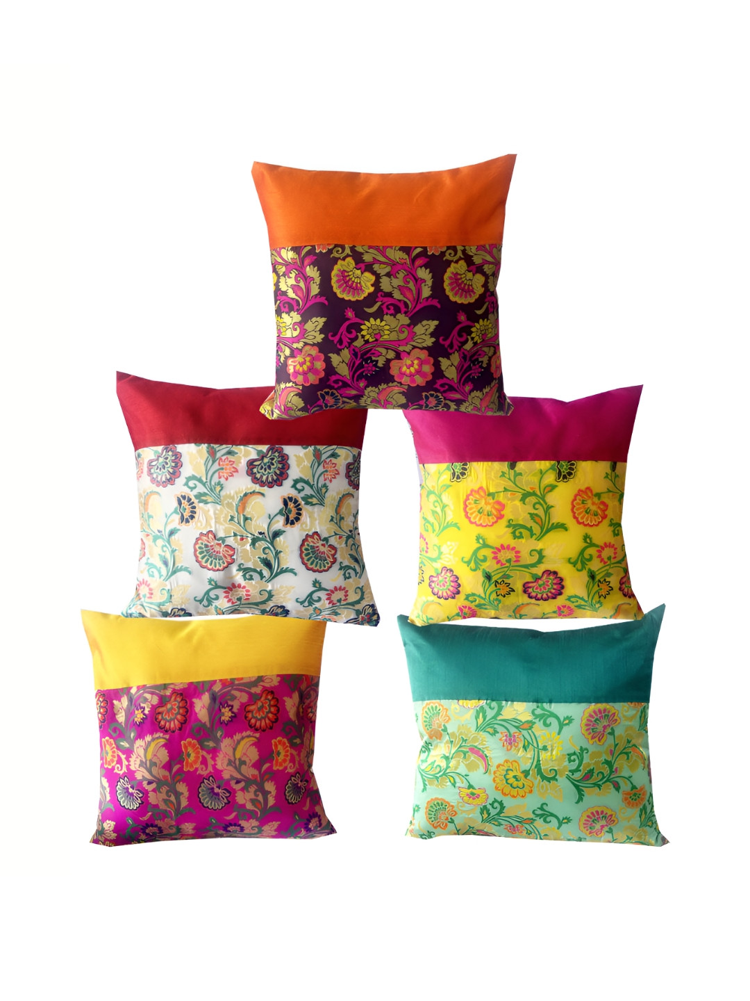 Pink Parrot Green & Red 5 Pieces Floral Square Cushion Covers