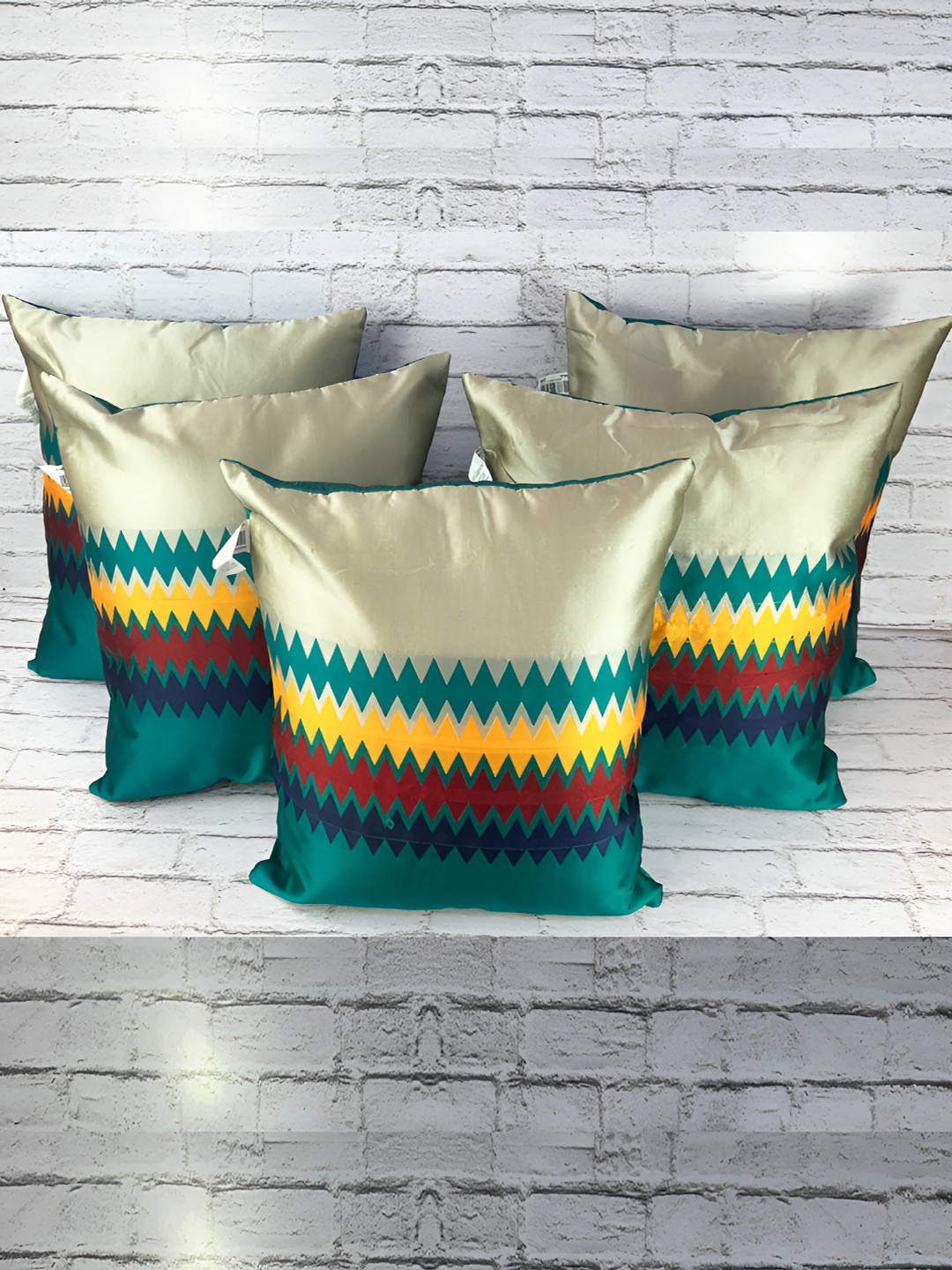 Pink Parrot Gold Geometric Jacquard Silk Durable 5 Piece Square Cushion Covers -16x16In