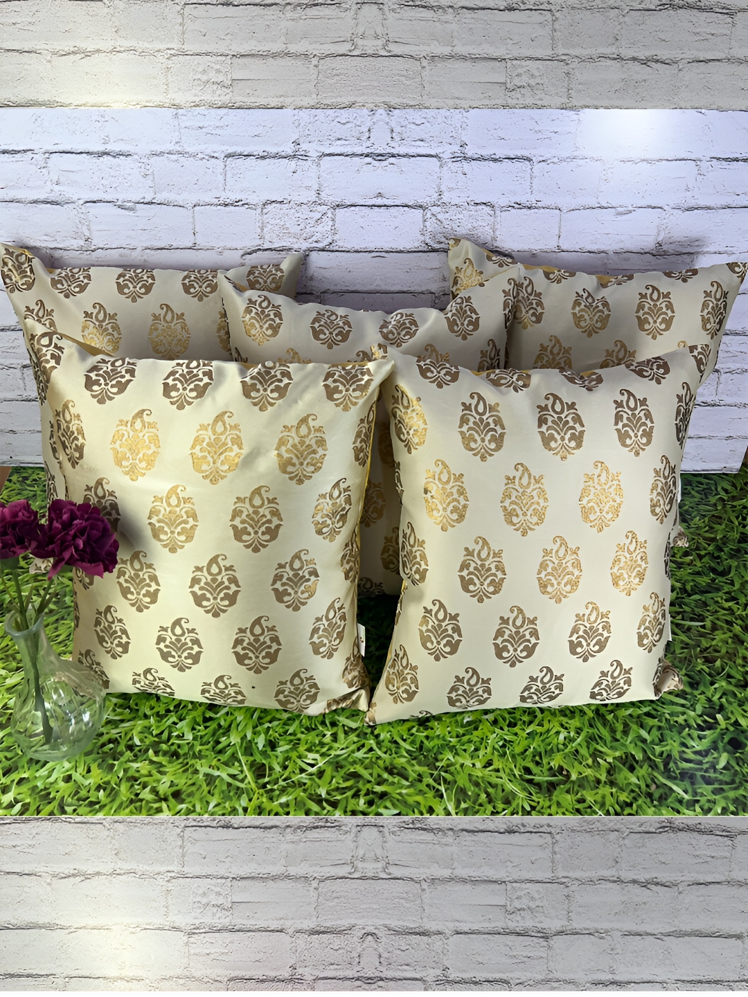 Pink Parrot Gold-Toned 5 Pieces Ethnic Motifs Square Cushion Covers