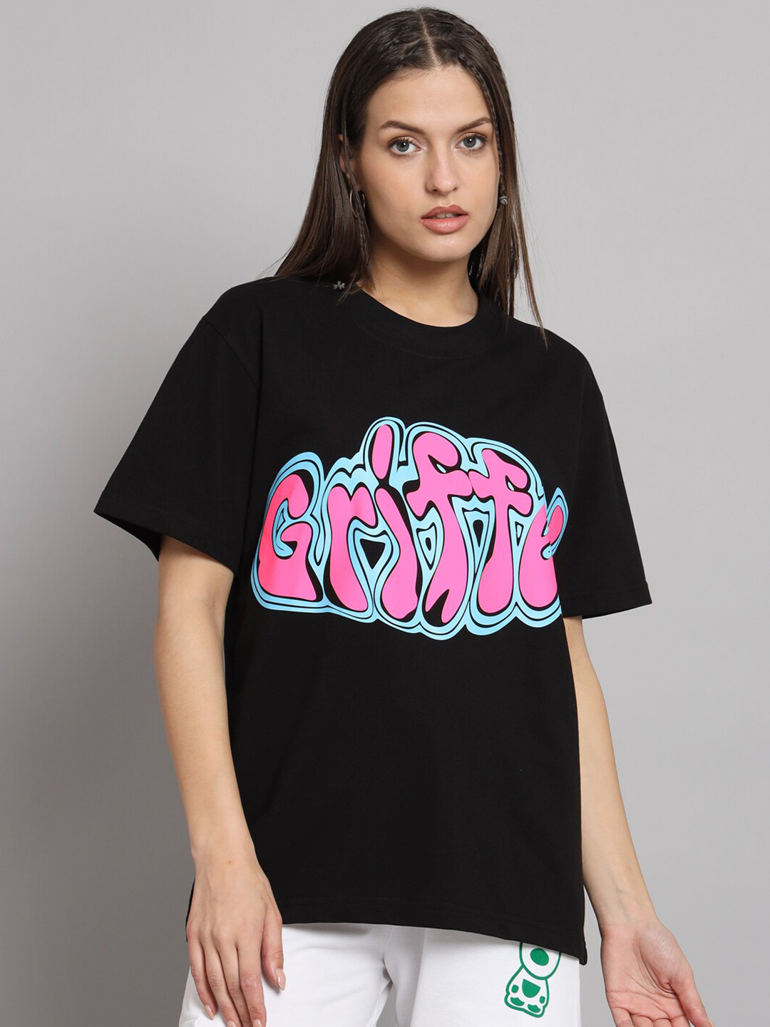 GRIFFEL Typography Printed Drop Shoulder Sleeves Cotton Baggy T-shirt