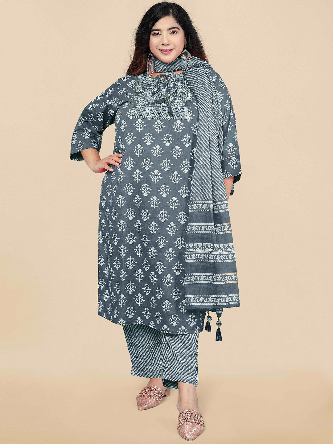 KALINI PLus Size Floral Printed Regular Thread Work Pure Cotton Kurta Set & Dupatta