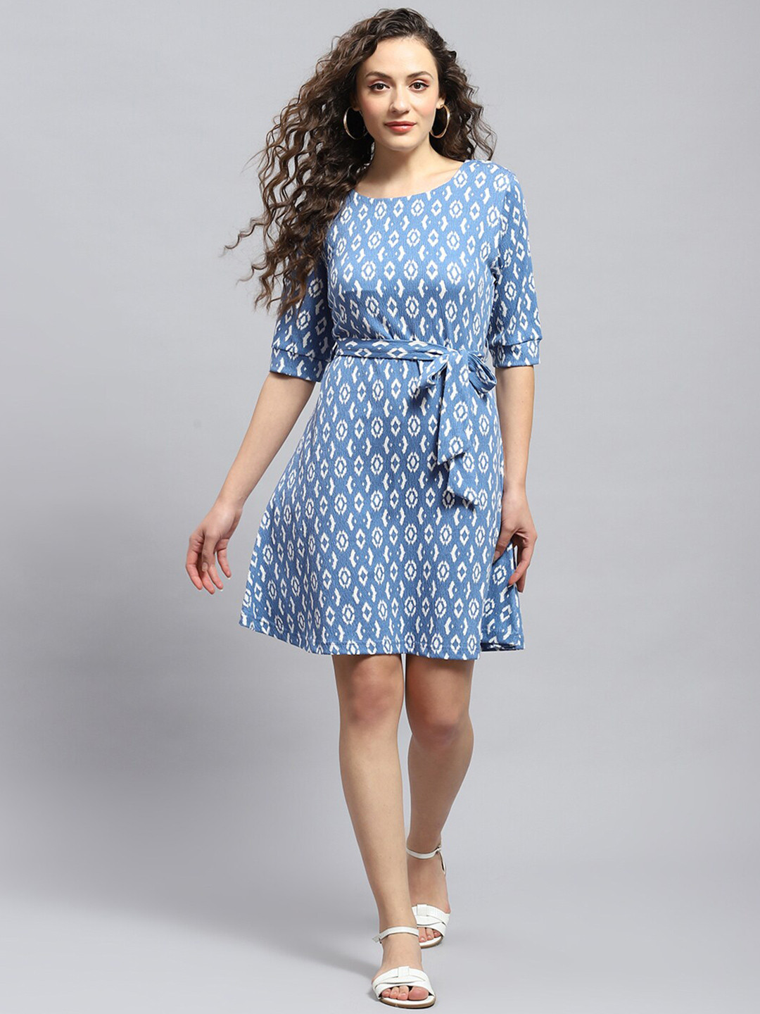 Monte Carlo Ethnic Motifs Print Cotton Round Neck Fit & Flare Casual Dress