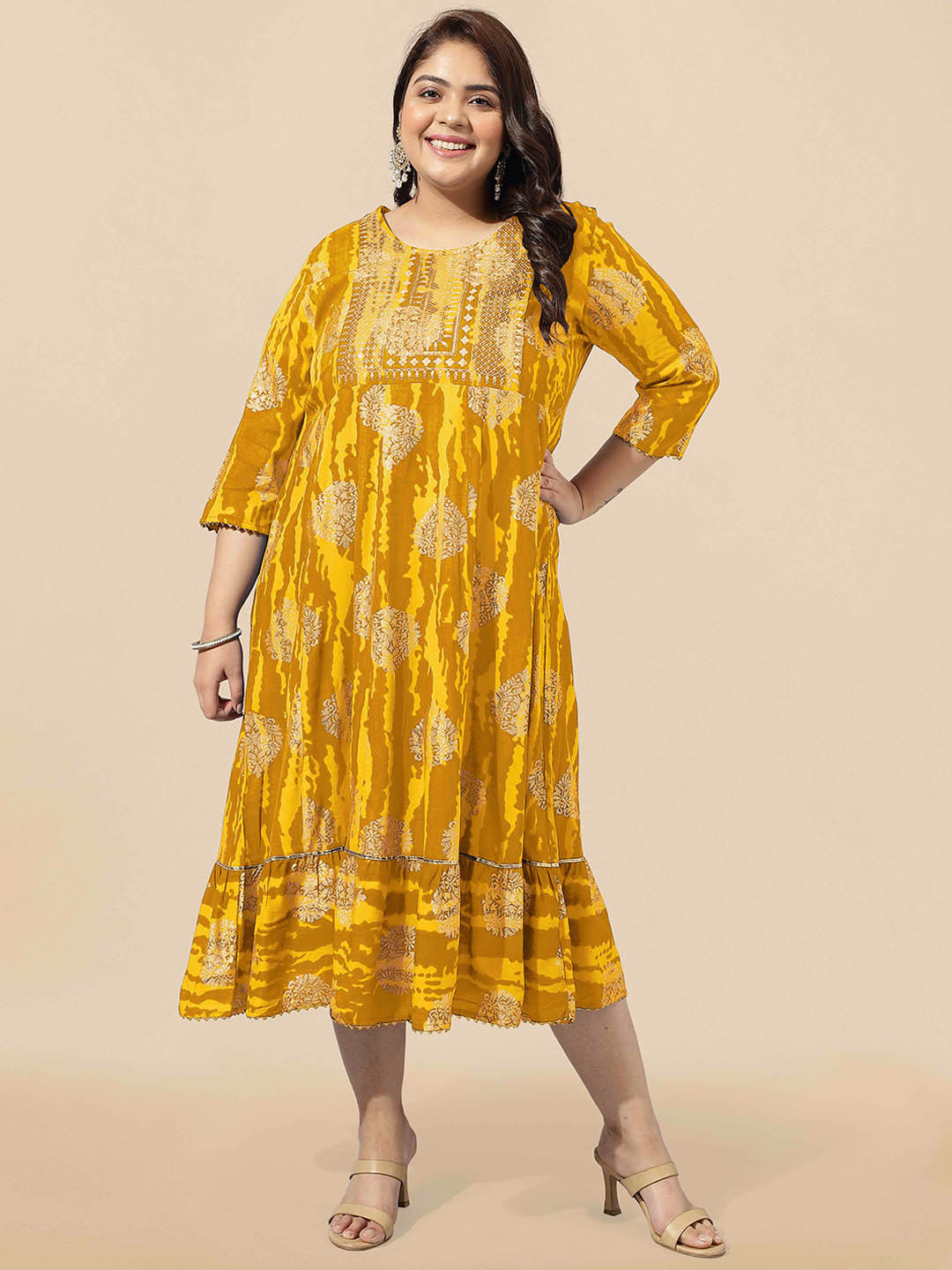 KALINI Plus Size Foil Printed Pure Cotton A-Line Kurta