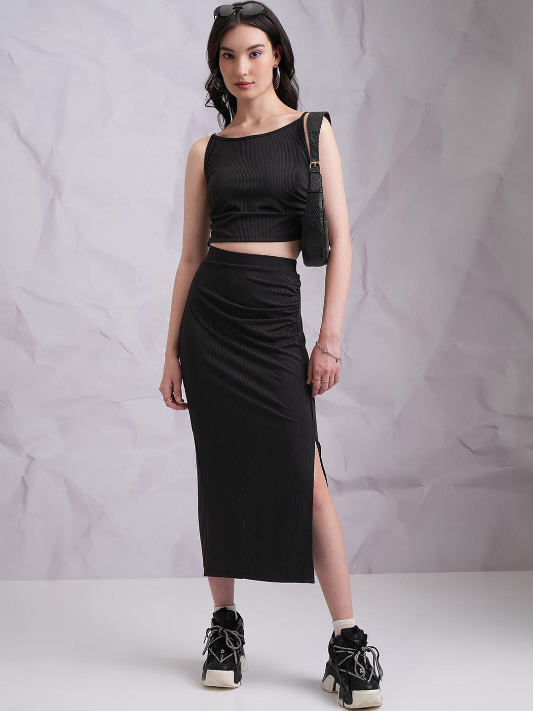 Tokyo Talkies Black Ribbed Shoulder Straps Top With Flared Split Skirt