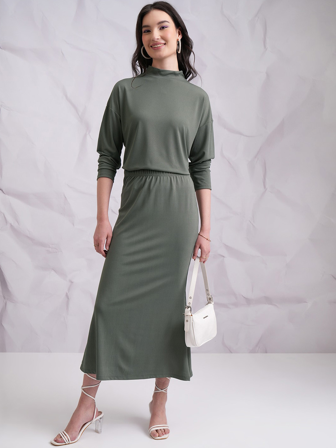 Tokyo Talkies Olive Green High Neck Top And Maxi Skirt