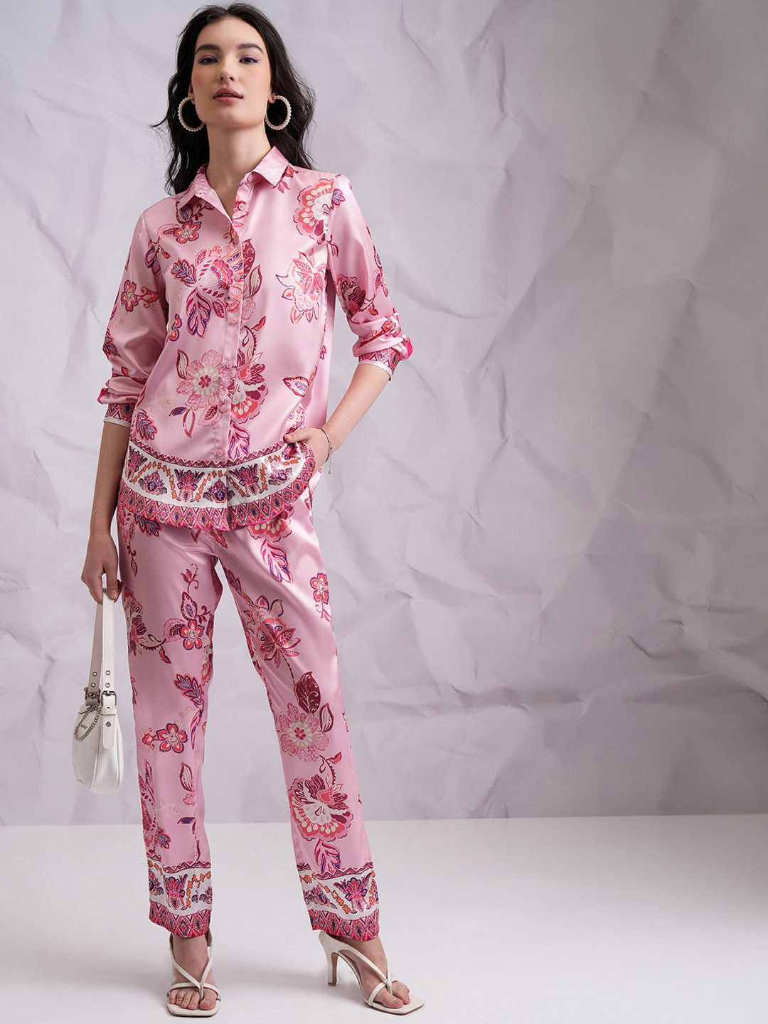 Tokyo Talkies Pink Printed Shirt Collar Shirt & Tapered Pants
