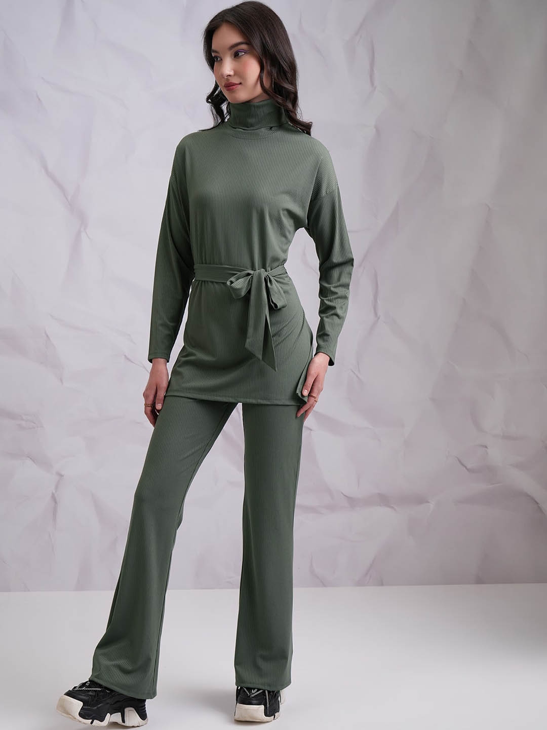 Tokyo Talkies Olive Green High Neck Top With Trousers