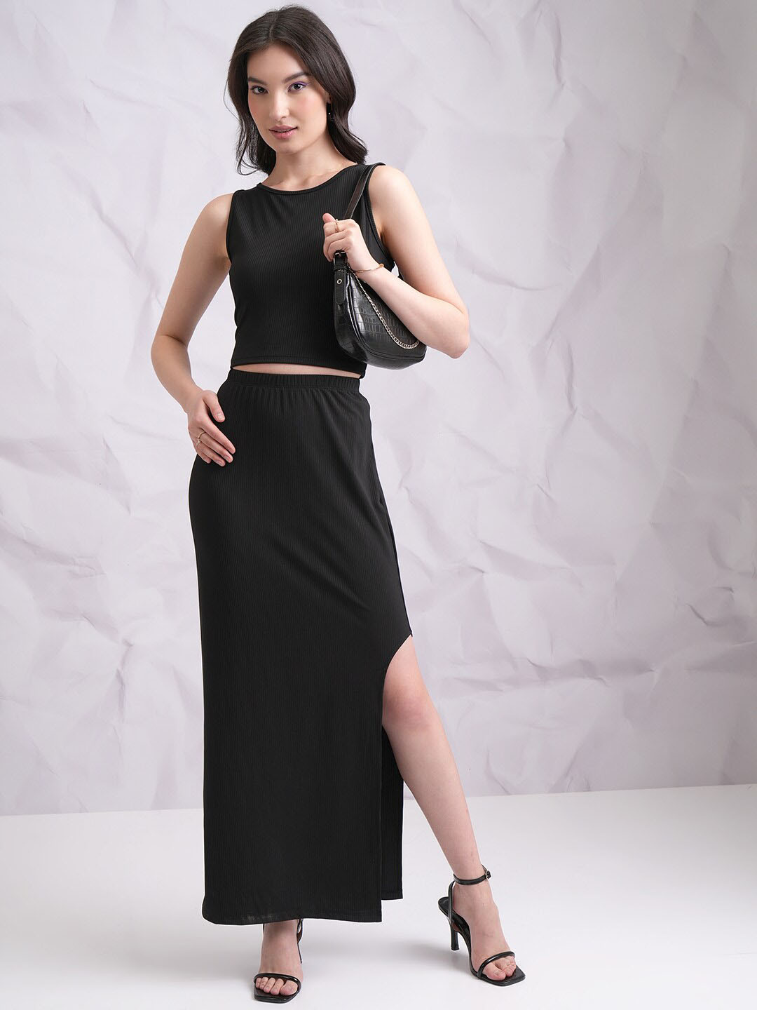 Tokyo Talkies Black Ribbed Top & Skirt