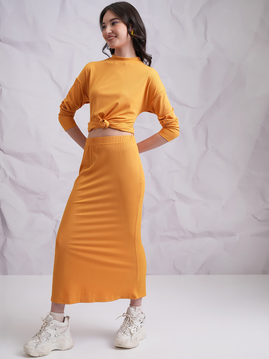 Tokyo Talkies Yellow Ribbed Top With Maxi Skirt
