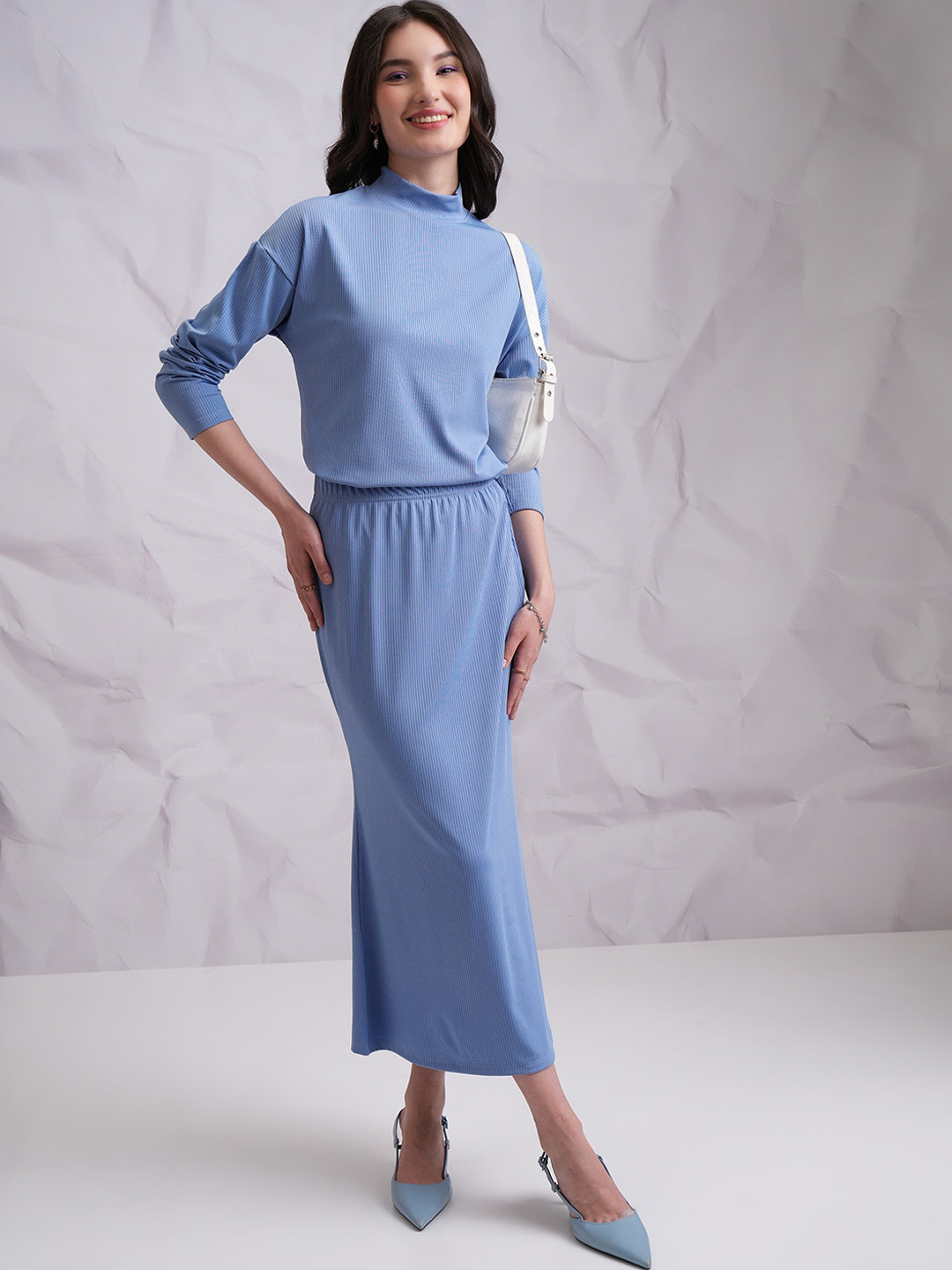Tokyo Talkies Blue Ribbed Top With Maxi Skirt
