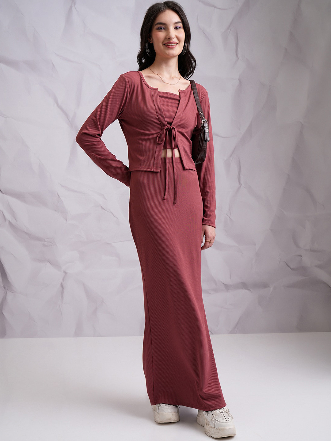 Tokyo Talkies Rose Ribbed Tube Top & Cardigan with Skirt