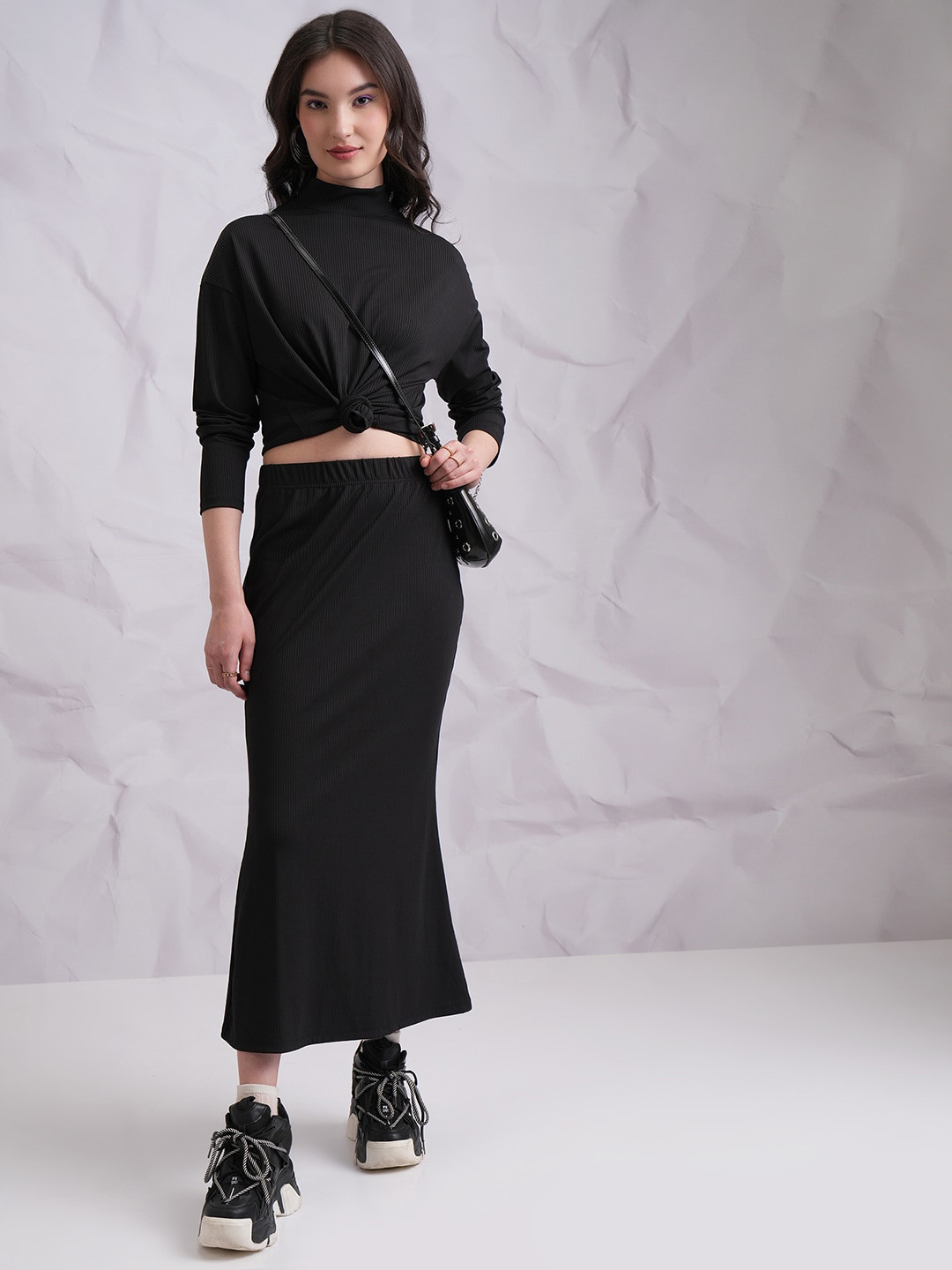 Tokyo Talkies Black High Neck Top With Skirt