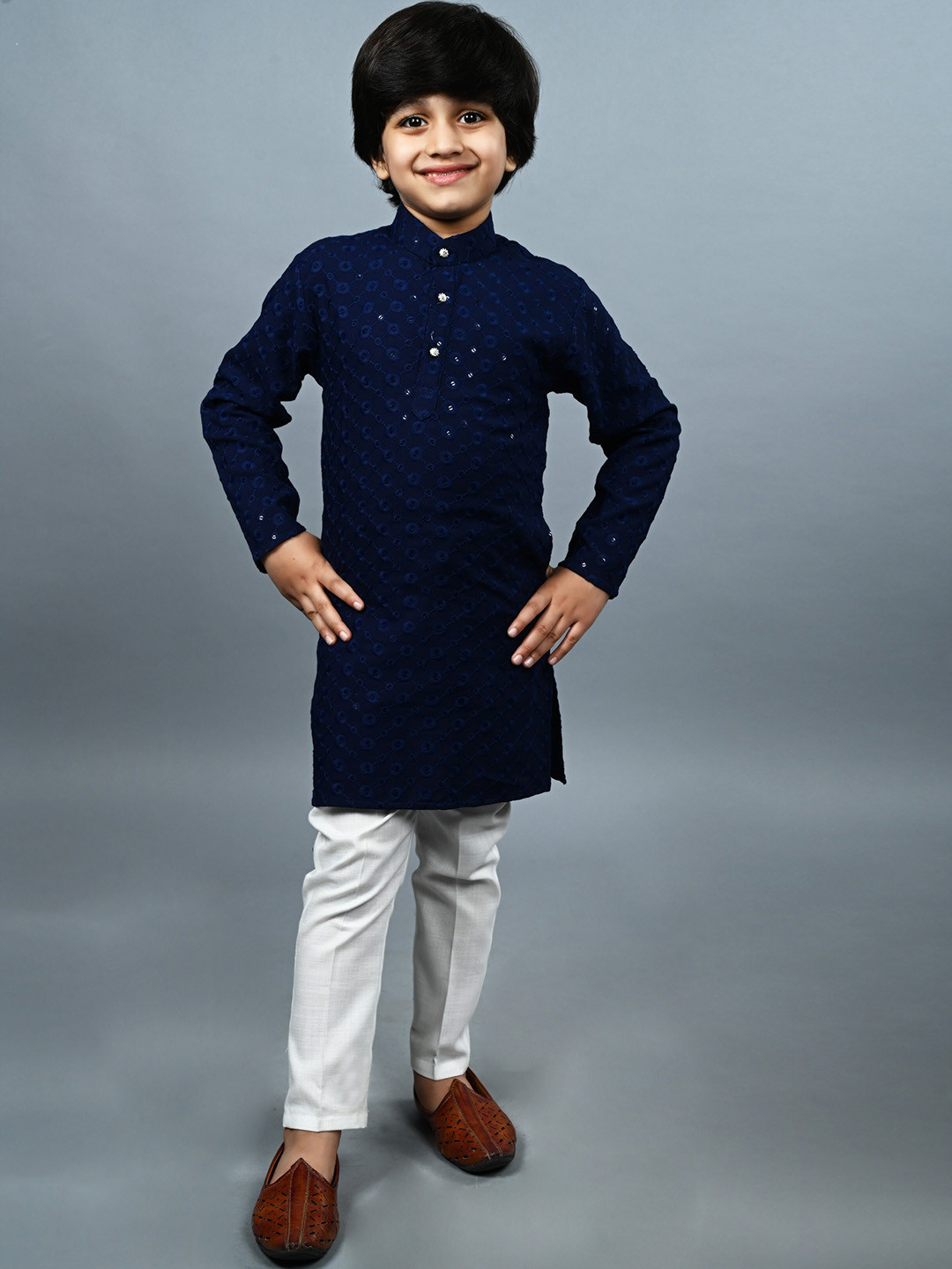 BAESD Boys Woven Design Embroidered Straight Mandarin Collar Sequinned Kurta With Pyjama