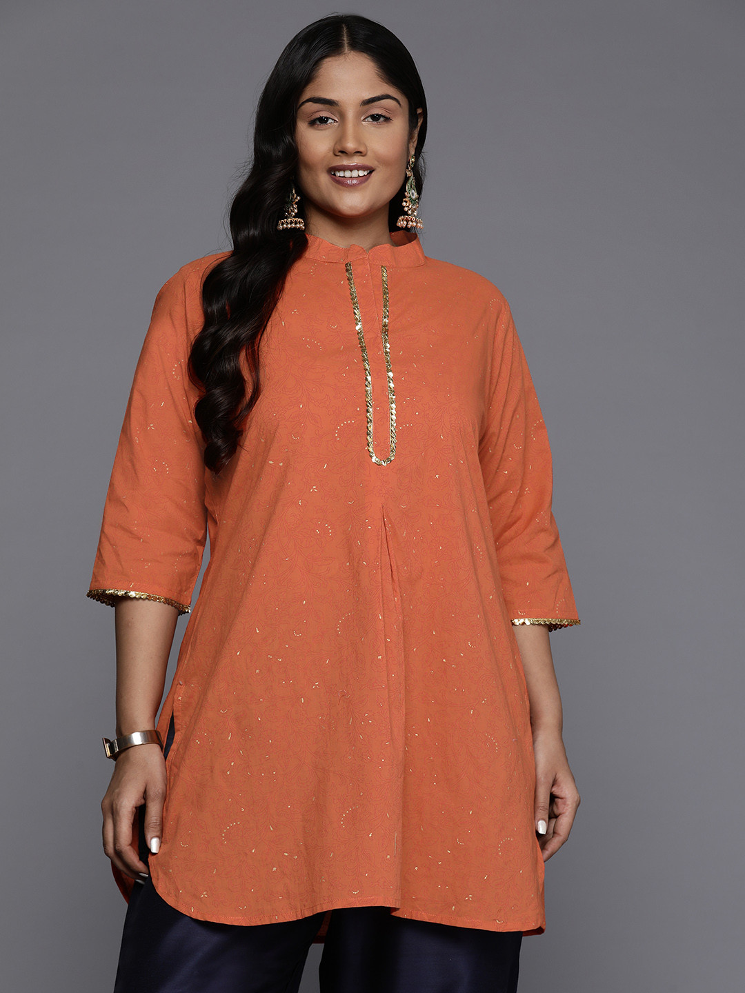A PLUS BY AHALYAA Plus Size Mandarin Collar Printed Pure Cotton Kurti