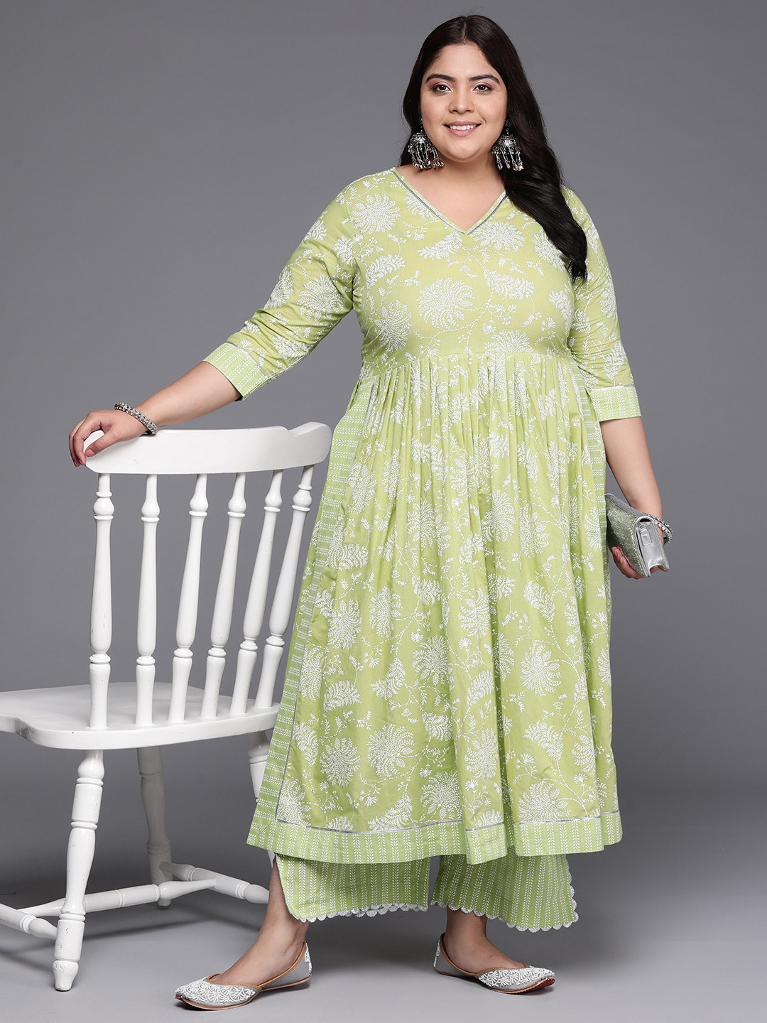 A PLUS BY AHALYAA Plus Size Floral High Slit Gotta Patti Pure Cotton Kurta with Palazzos