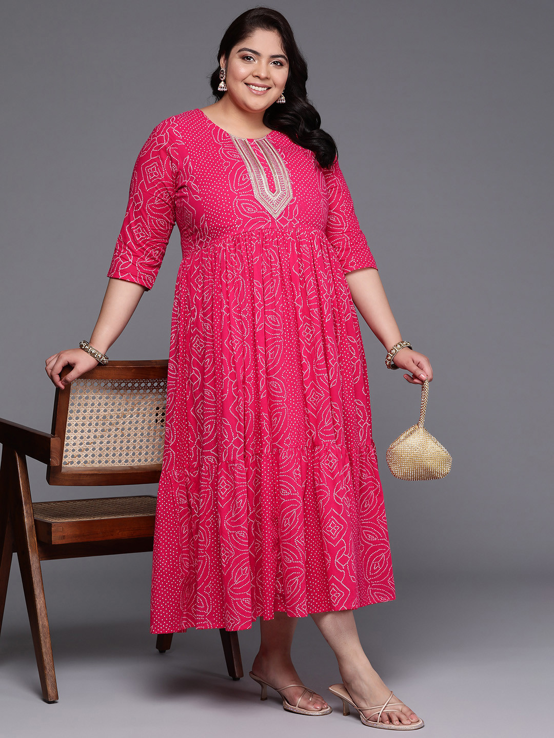 A PLUS BY AHALYAA Plus Size Printed Fit & Flare Mul-Mul Midi Ethnic Dress