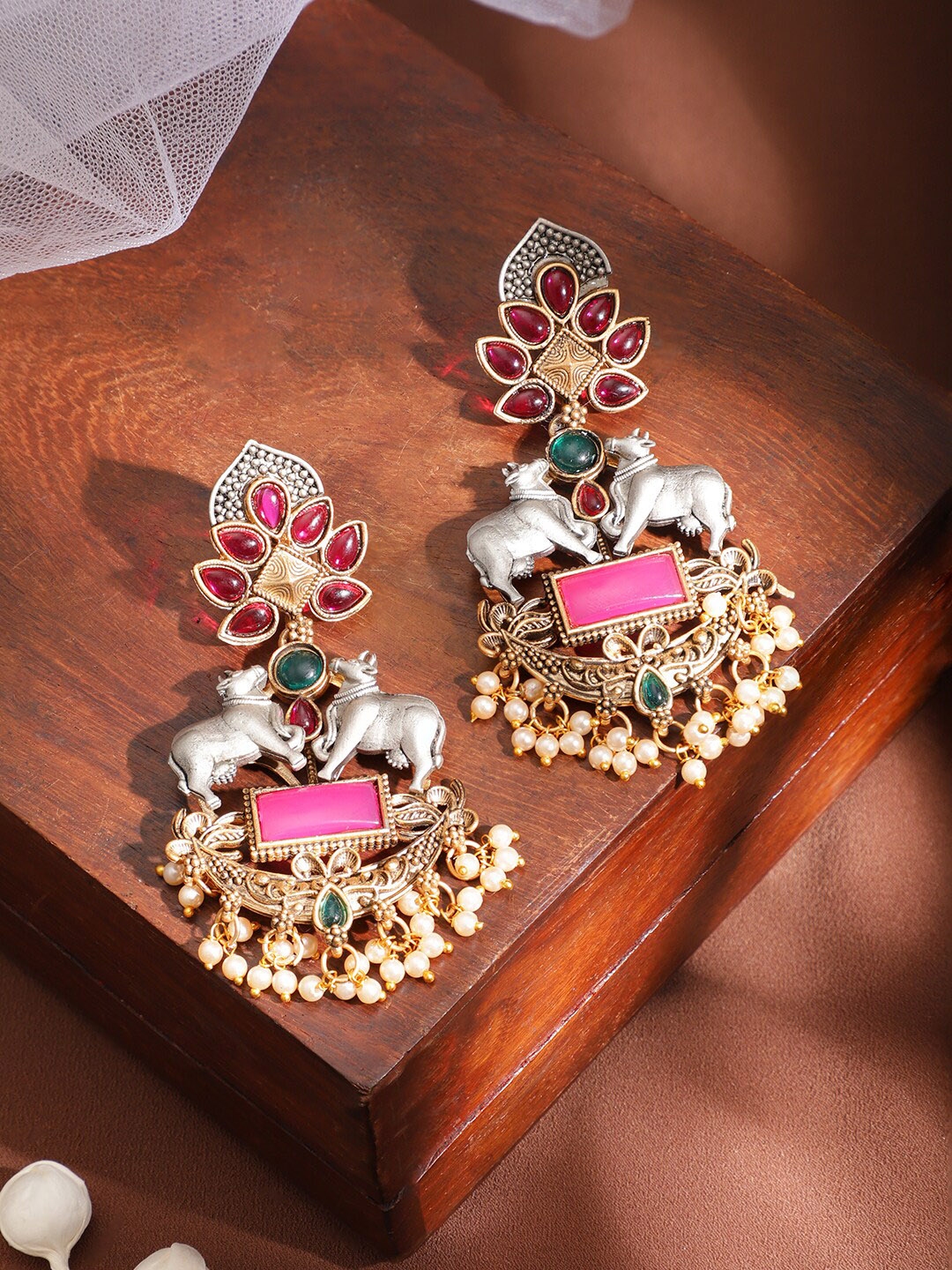 Rubans Gold Plated Pink Enameled Kundan Studded Cow Charm Chandbali Earrings - Earrings for Women 28393154 | Myntra