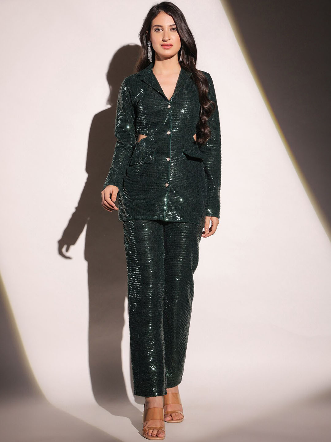 B'Infinite Emerald Dazzling Embellished Sequined Blazer With Trouser Co-Ords