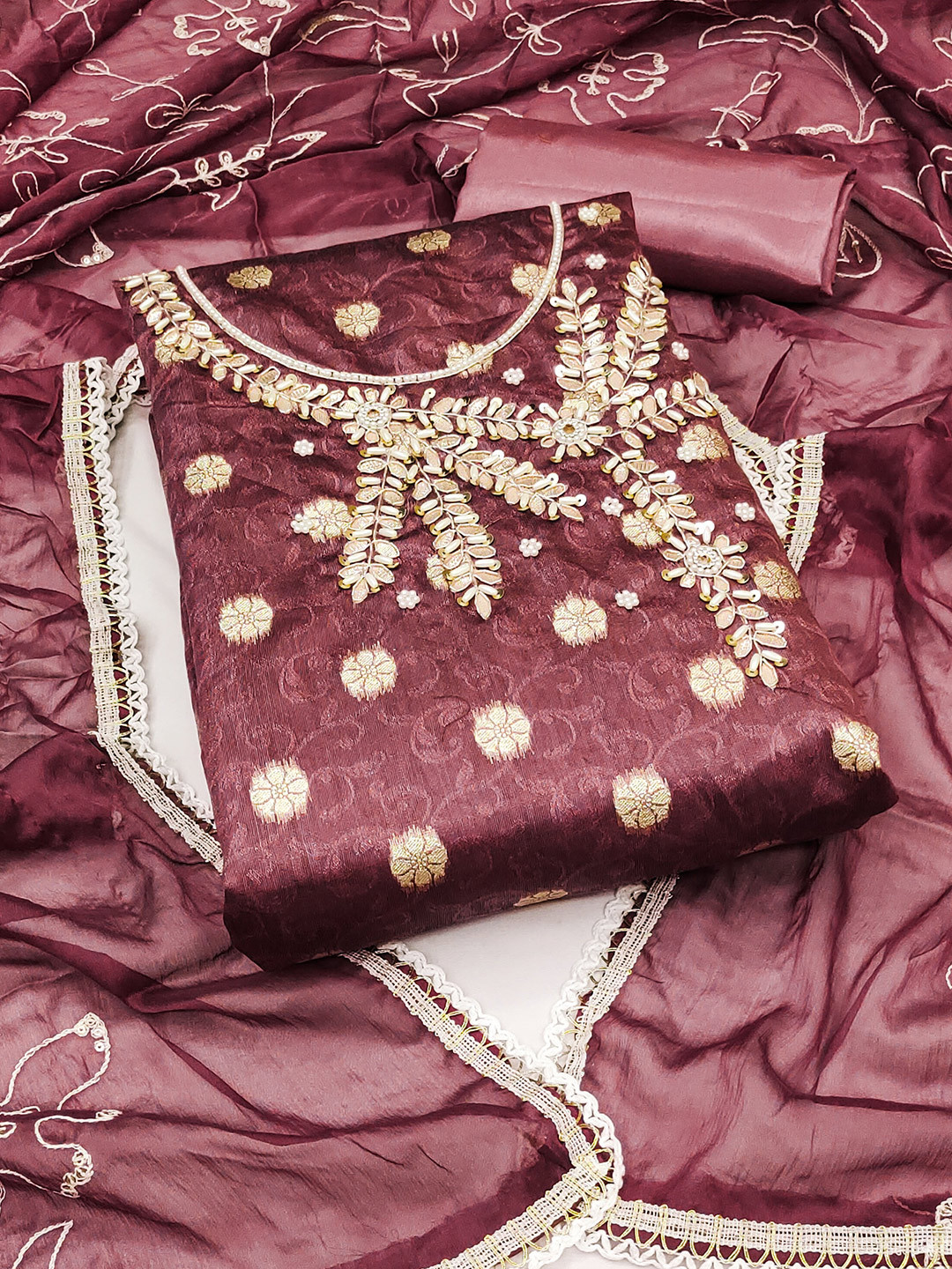 KALINI Ethnic Motifs Banarasi Woven Design Beads & Stons Detail Unstitched Dress Material