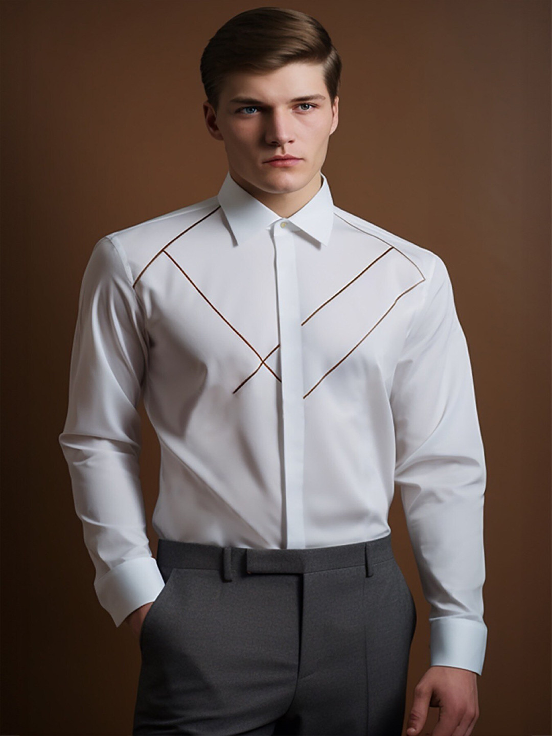 HE SPOKE Smart Tailored Fit Geometric Print Spread Collar Long Sleeves Cotton Shirt