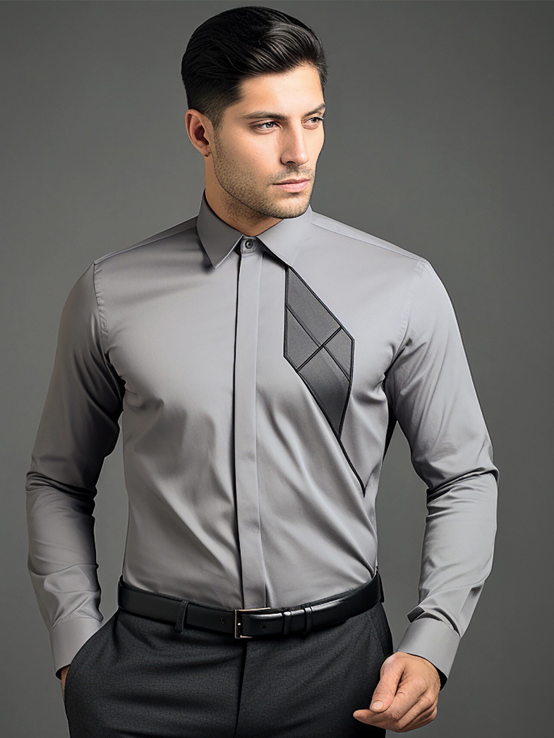 HE SPOKE Smart Tailored Fit Geometric Print Spread Collar Long Sleeves Cotton Shirt