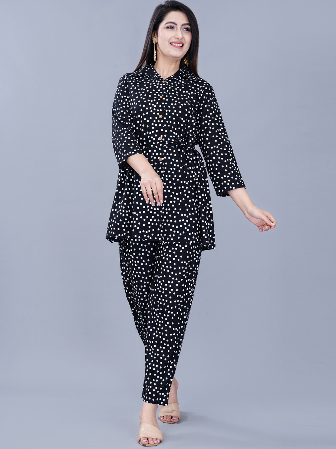 ao services Polka Dot Print Shirt Collar Co-Ords Set