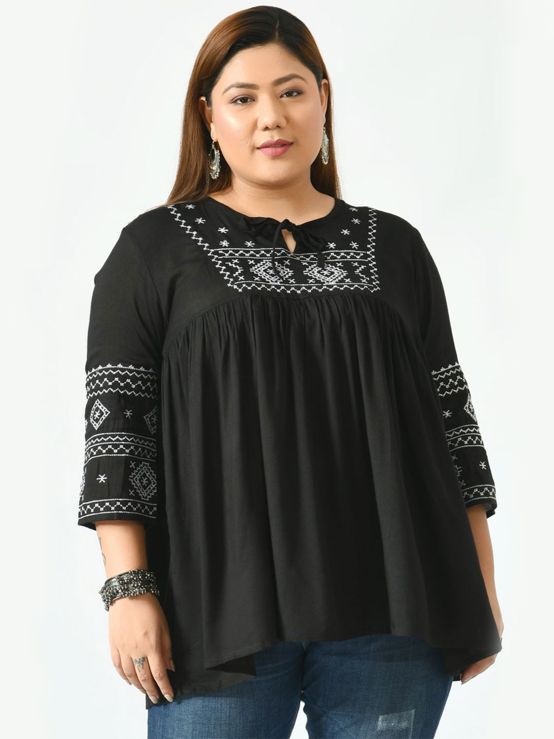 SAAKAA Plus Size Embroidery Tie-Up Neck Cotton A-Line Top