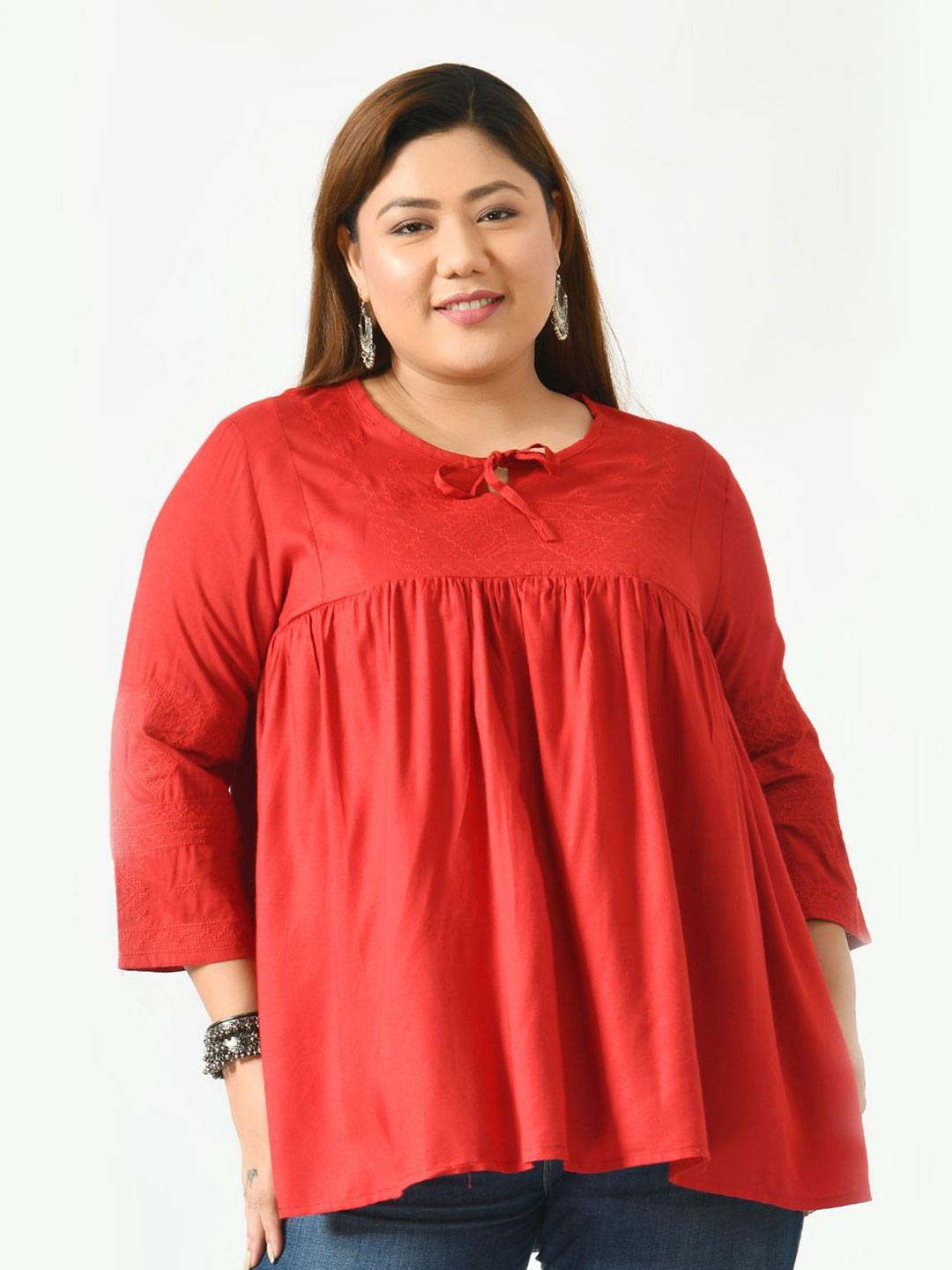SAAKAA Plus Size Tie-Up Neck Three-Quarter Sleeves Cotton A-Line Top