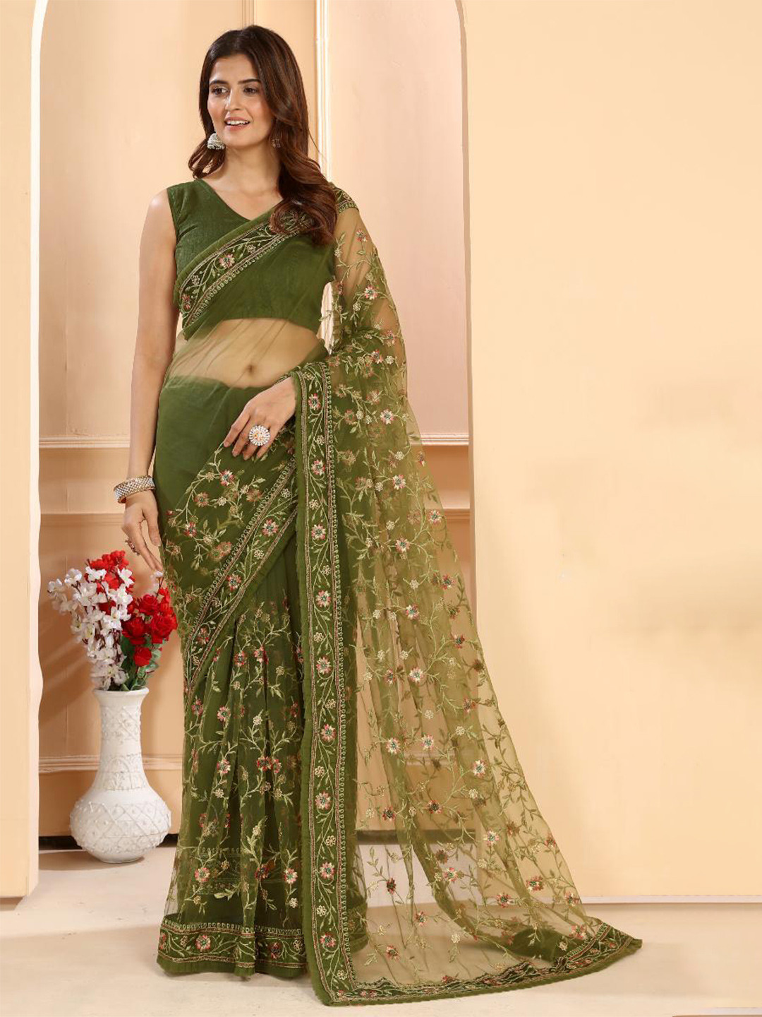 PATLANI STYLE Floral Embroidered Net Saree