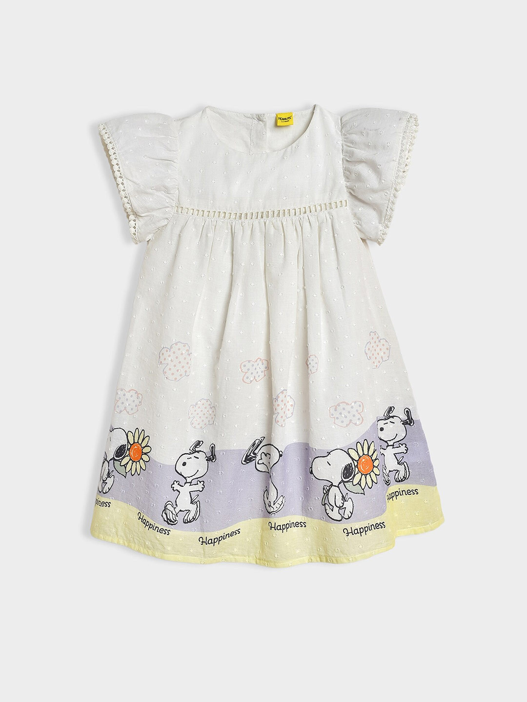 MiArcus Girls Snoopy Dog Printed Round Neck Flutter Sleeve Cotton A-Line Dress