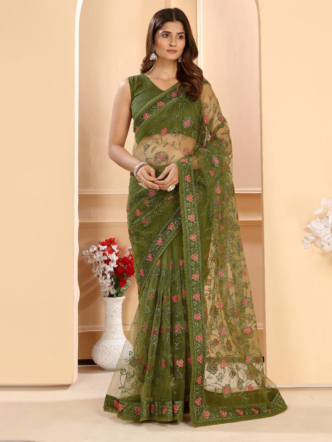 PATLANI STYLE Floral Embroidered Net Saree