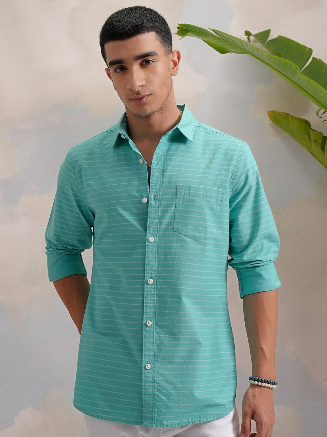 HIGHLANDER Classic Green Slim Fit Horizontal Striped Spread Collar Cotton Casual Shirt