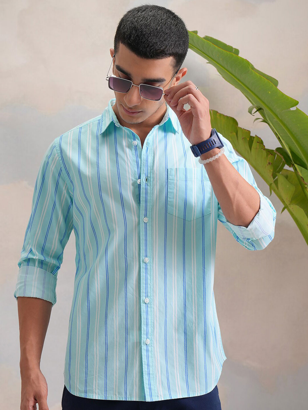 Blue Vertical Striped Regular Fit Casual Shirt