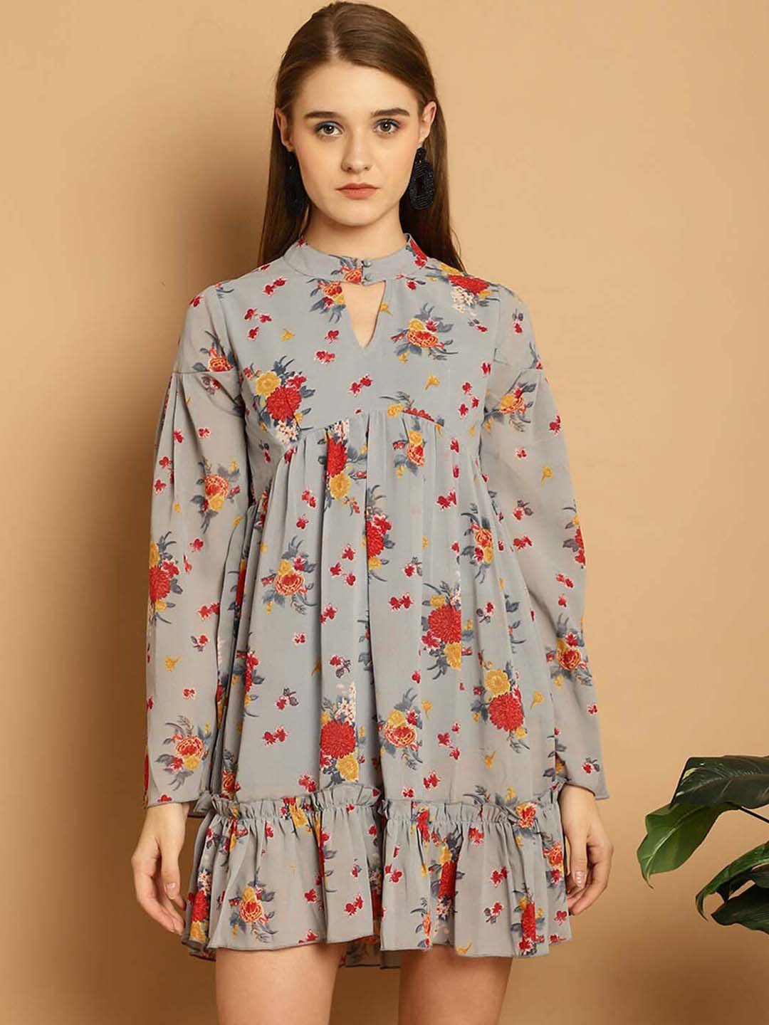 La Zoire Floral Print Puff Sleeve Choker Neck Georgette A-Line Mini Dress