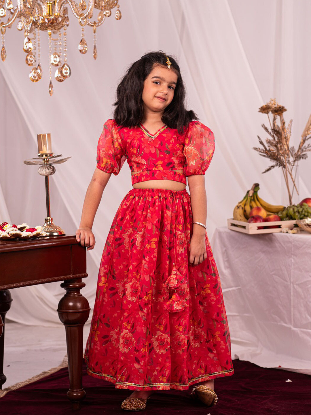 VASTRAMAY Girls Floral Foil Printed Ready to Wear Lehenga & Blouse