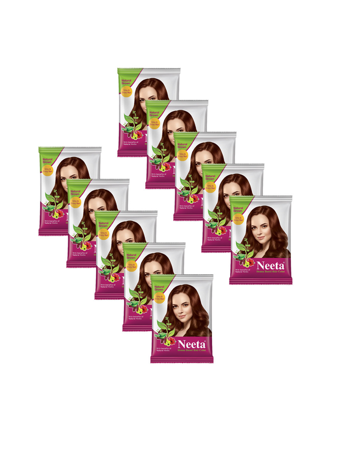Neeta Set Of 10 Natural Henna Based Hair Colour For Silky Hair-15g Each - Natural Brown