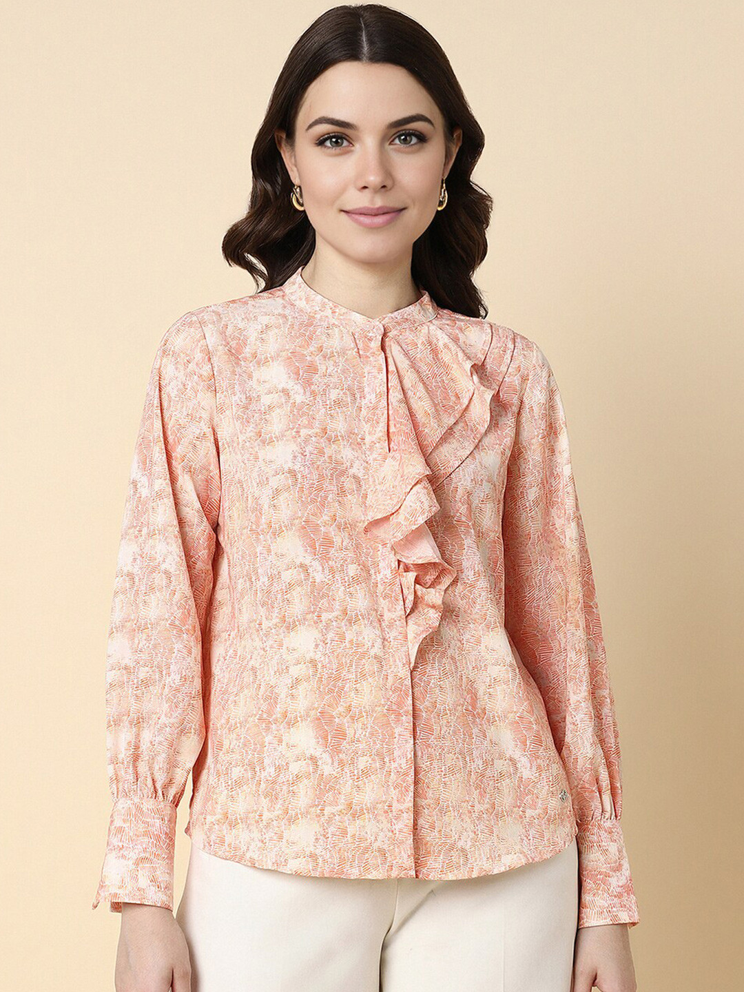 Allen Solly Woman Abstract Printed Mandarin Collar Long Cuffed Sleeves Casual Shirt