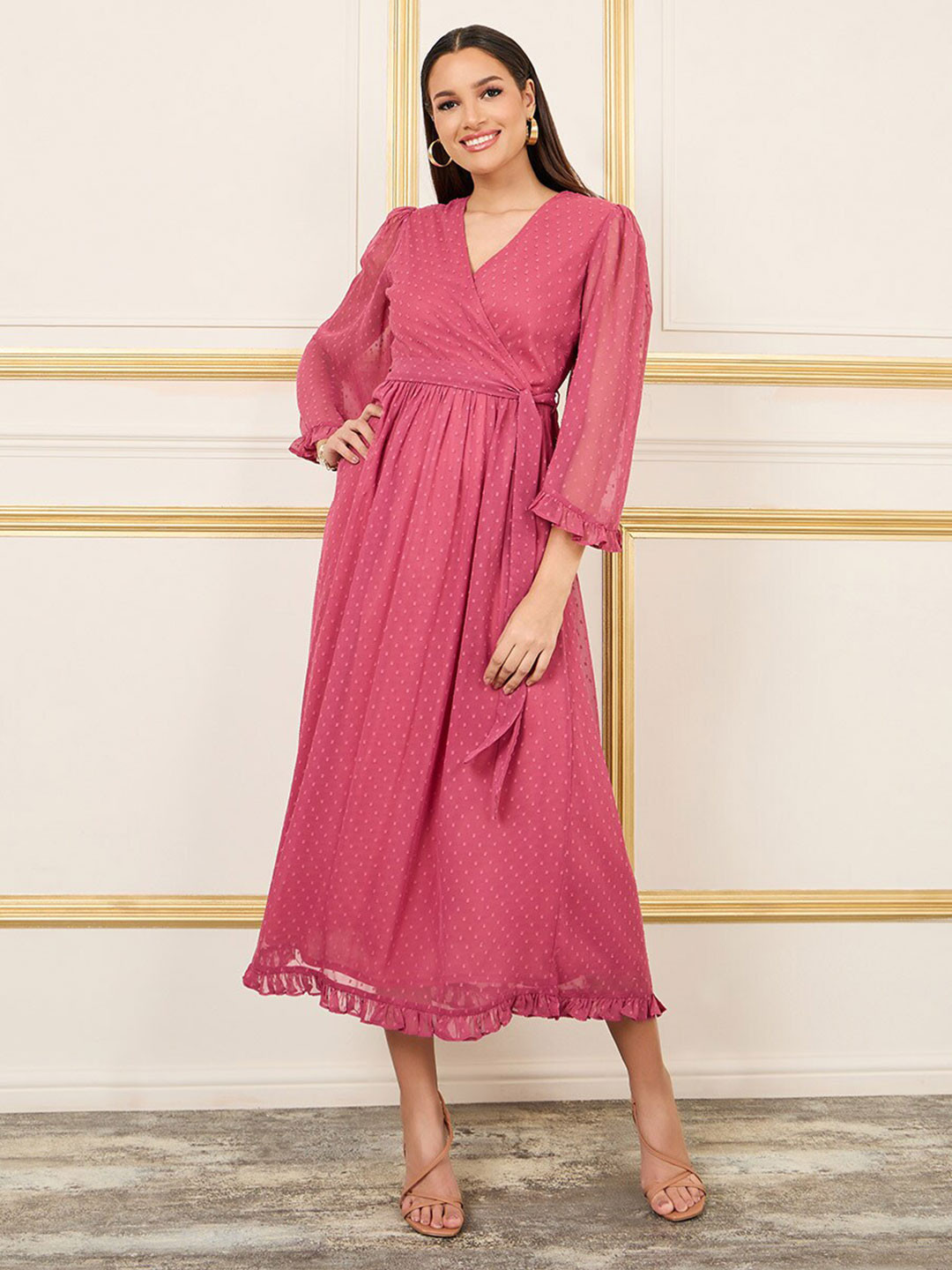Styli Pink Self Design A-Line Maxi Wrap Dress