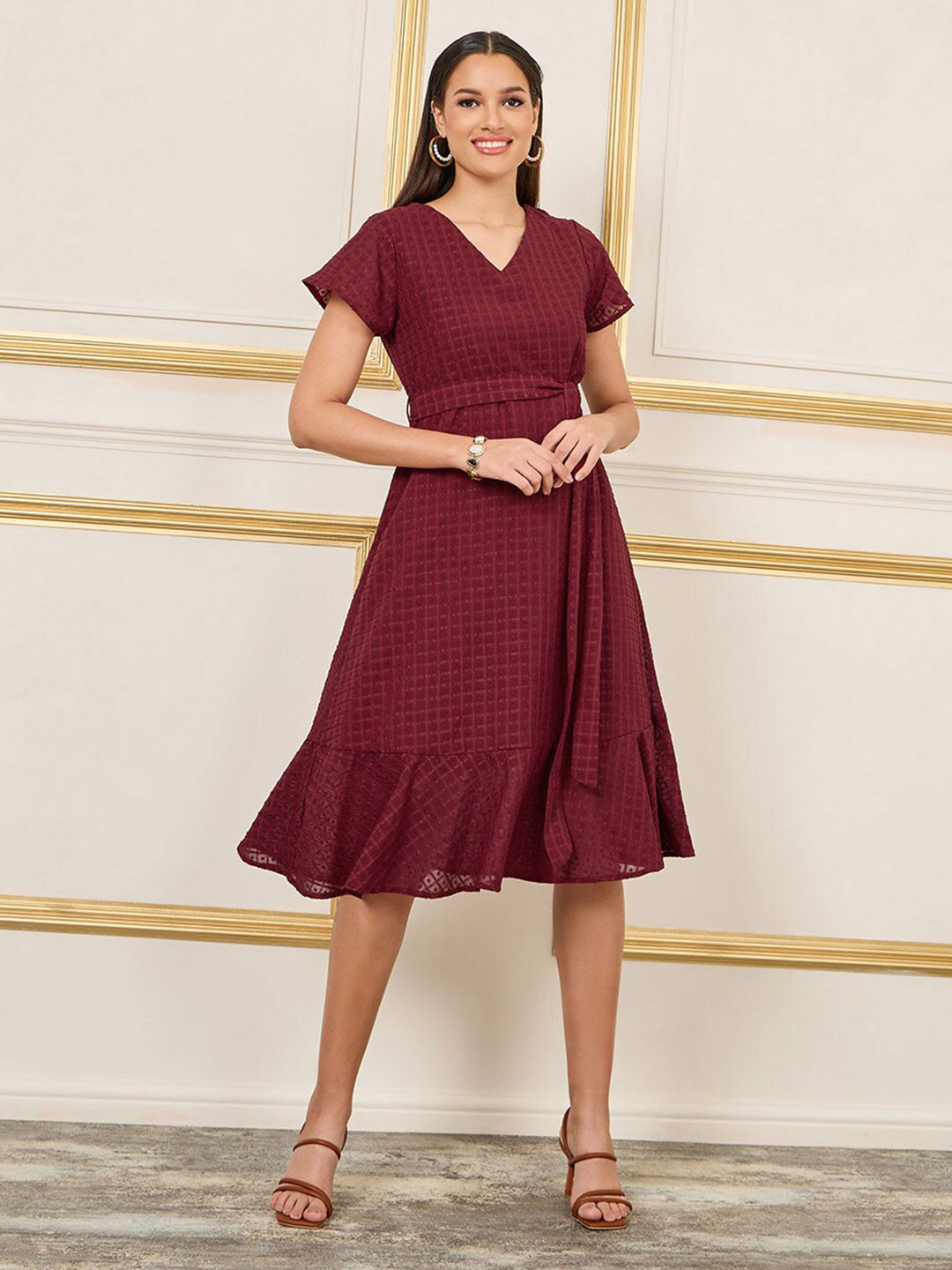Styli V-Neck Cap Sleeve A-Line Textured Midi Dress