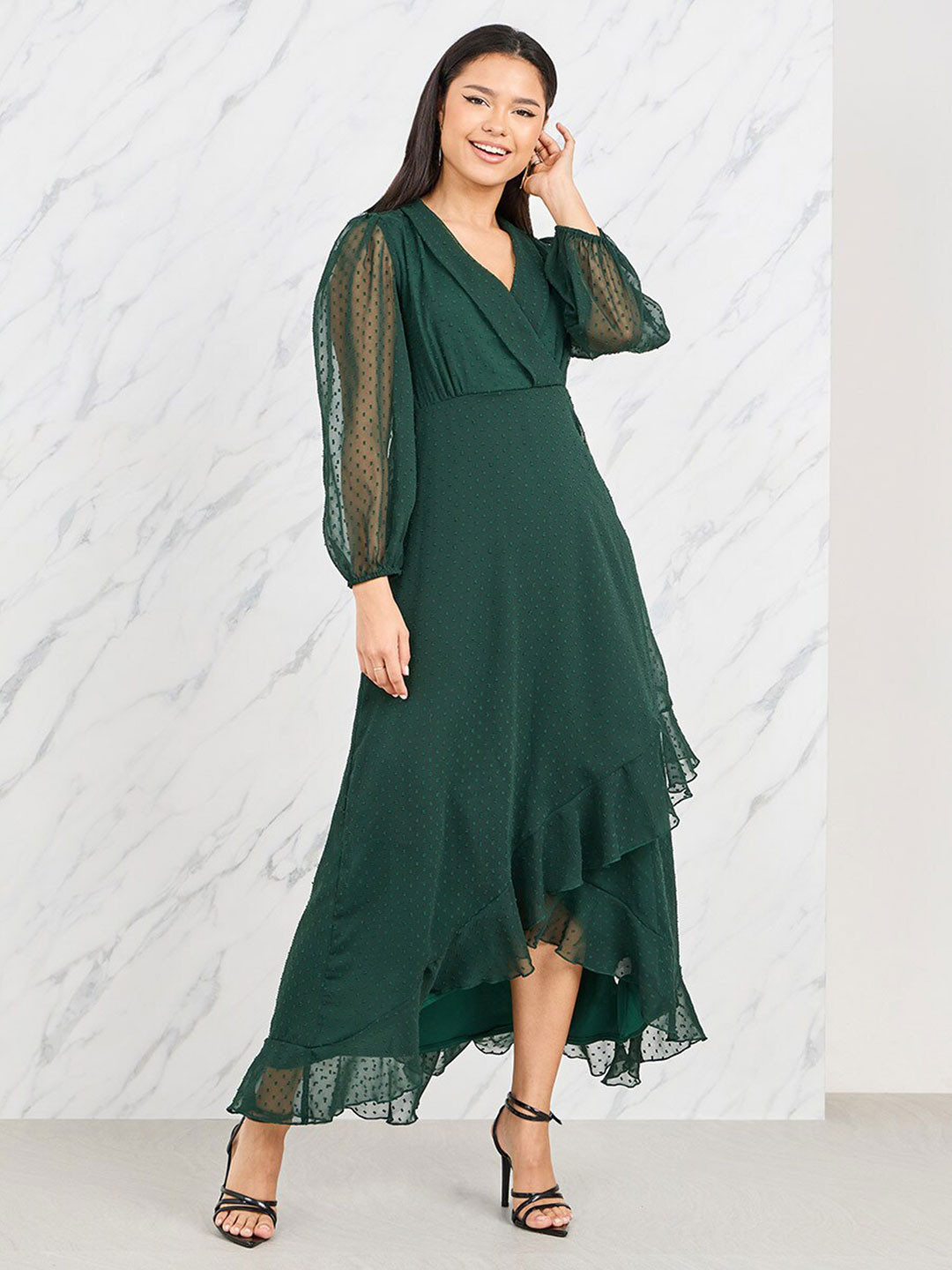 Styli Green Self Design High-Low Hem A-Line Wrap Maxi Dress