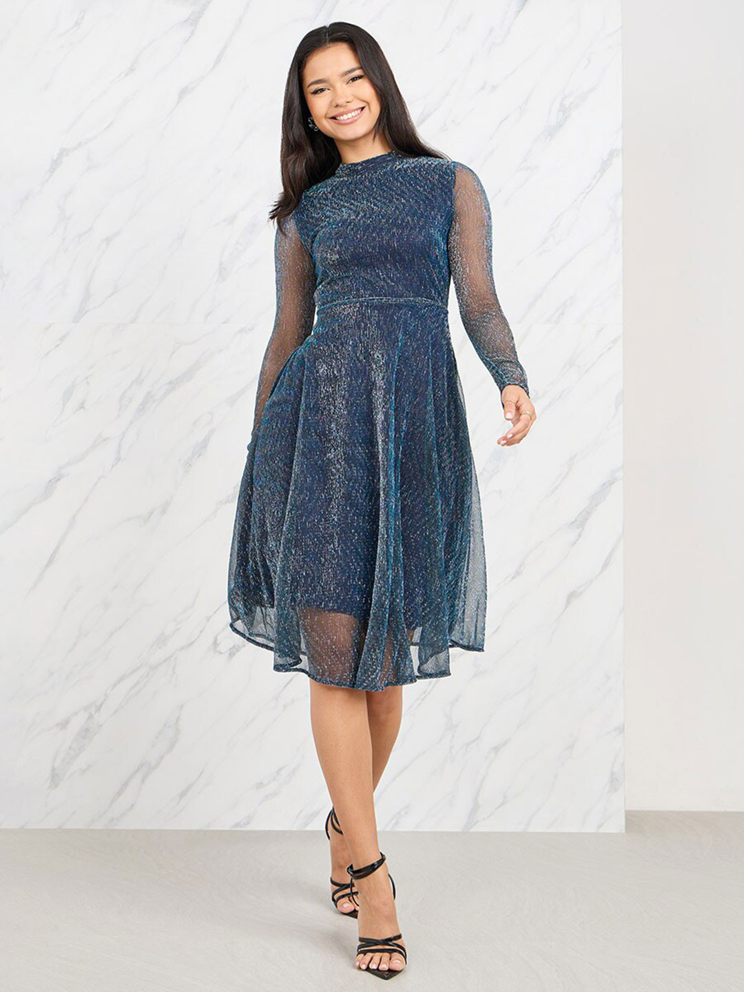 Styli Navy Blue Shimmer High Neck Fit & Flare Dress