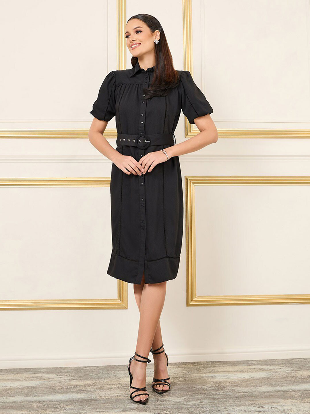 Styli Puff Sleeve Shirt Dress With Belt