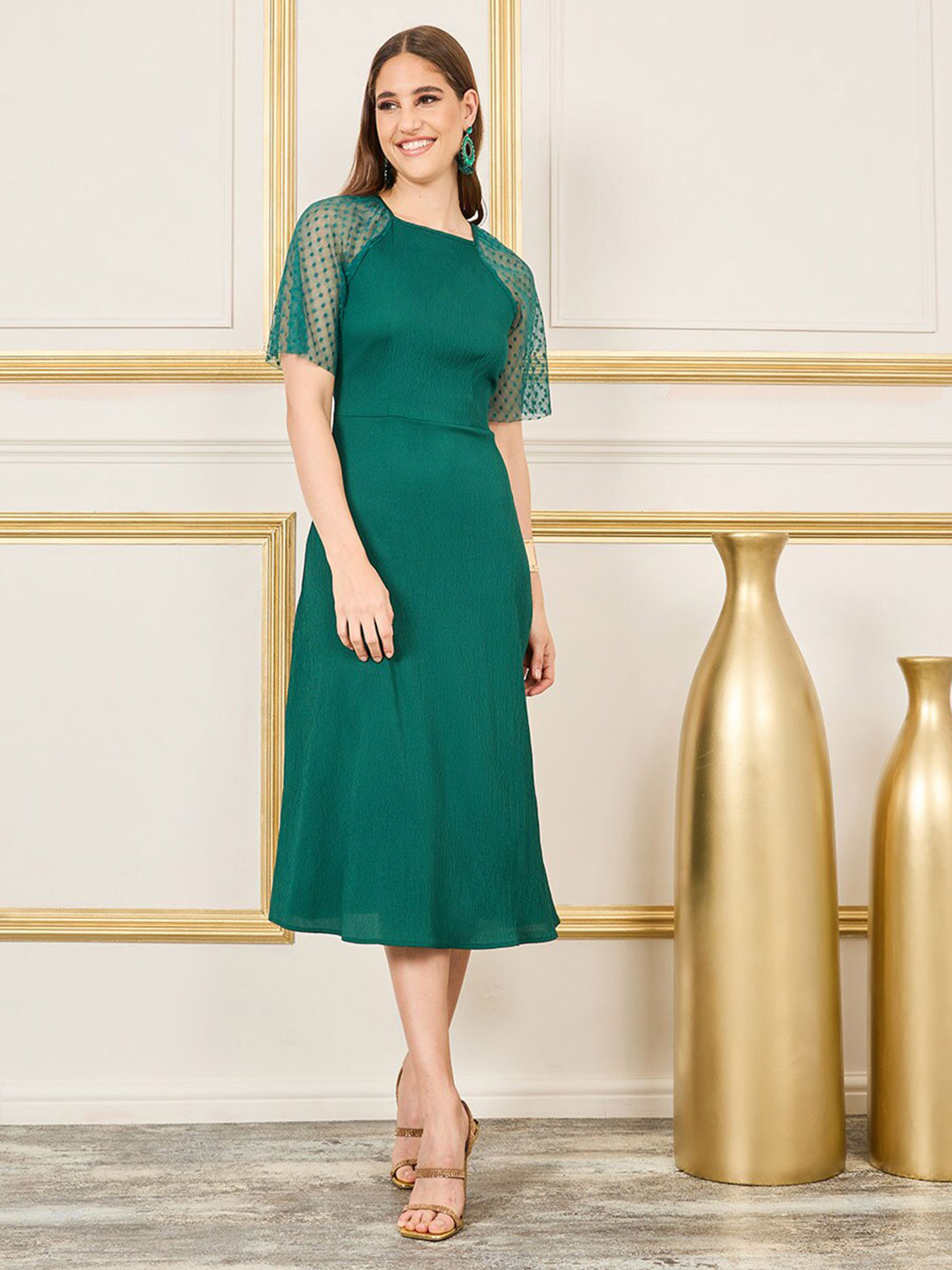 Styli Spot Mesh Sleeves Crepe A-Line Midi Dress