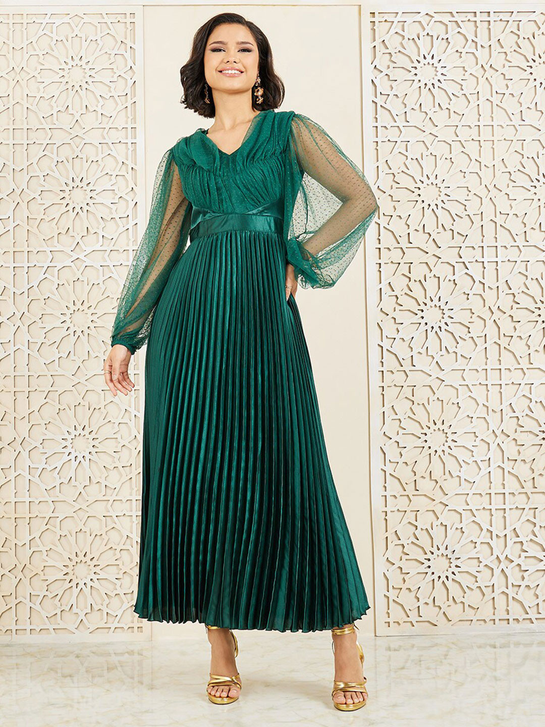 Styli V-Neck Satin Pleated Dobby Mesh Sleeves A-Line Maxi Dress