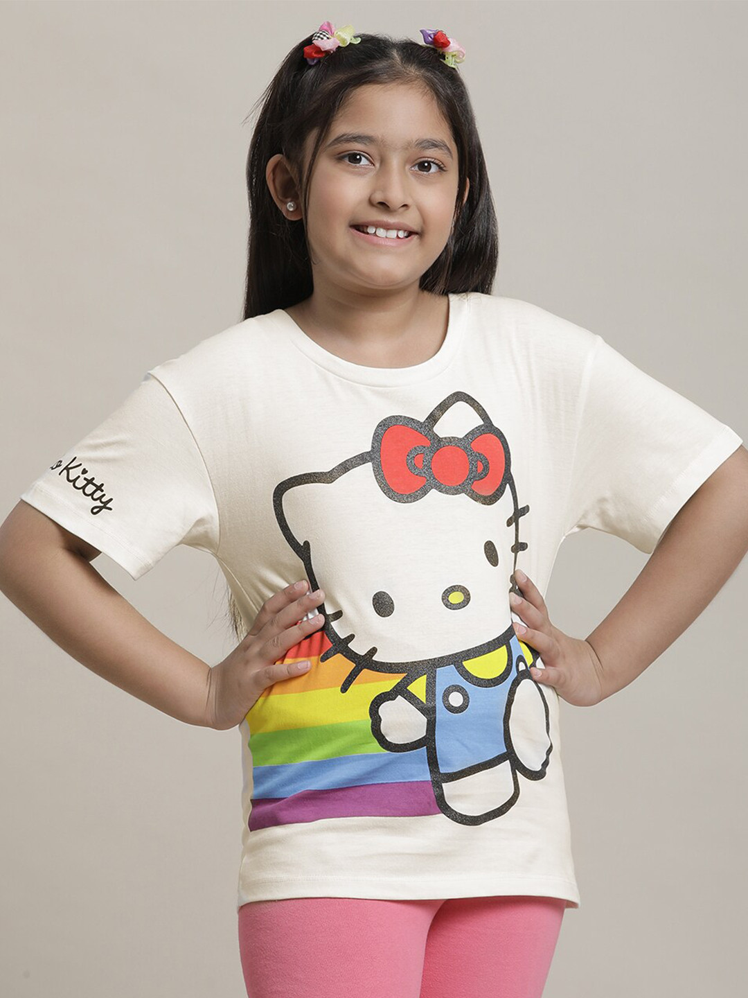 Kids Ville Girls Hello Kitty Graphic Drop-Shoulder Sleeves Pure Cotton Relaxed Fit T-Shirt