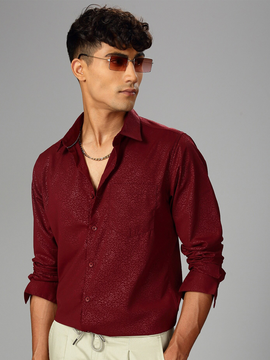British Club Classic Slim Fit Ethnic Motifs Printed Satin Casual Shirt